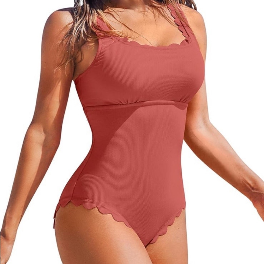 Charmo Womens Scalloped Ribbed One Piece Swimsuit Retro Square Neck NWT L